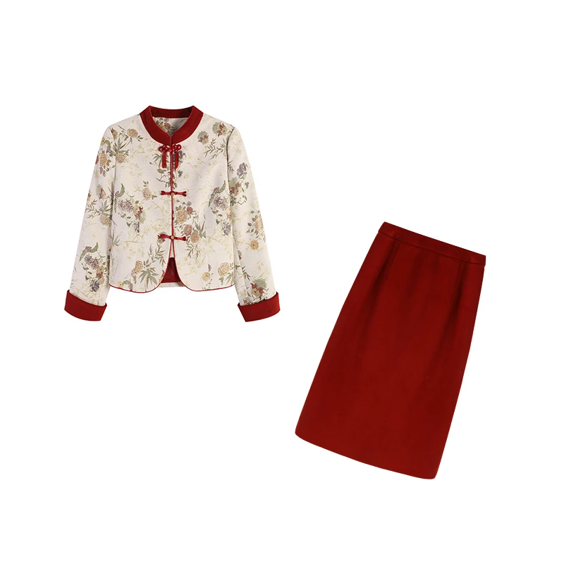 周周-杏色上衣+红色长半裙两件套ZL100548套装秋季