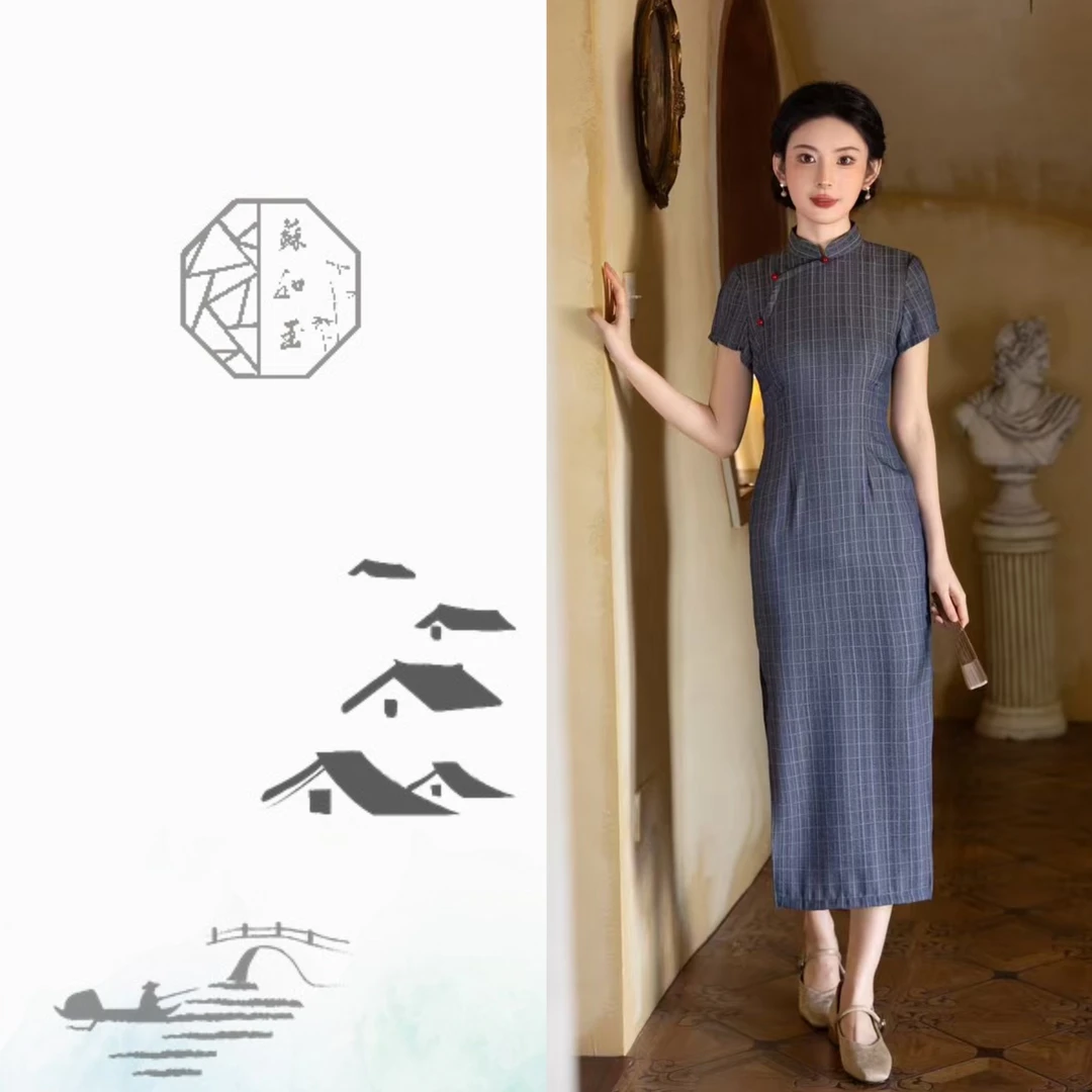 【思言】苏如玉125长復古民国風气质显瘦夏季长款日常经典格子旗袍