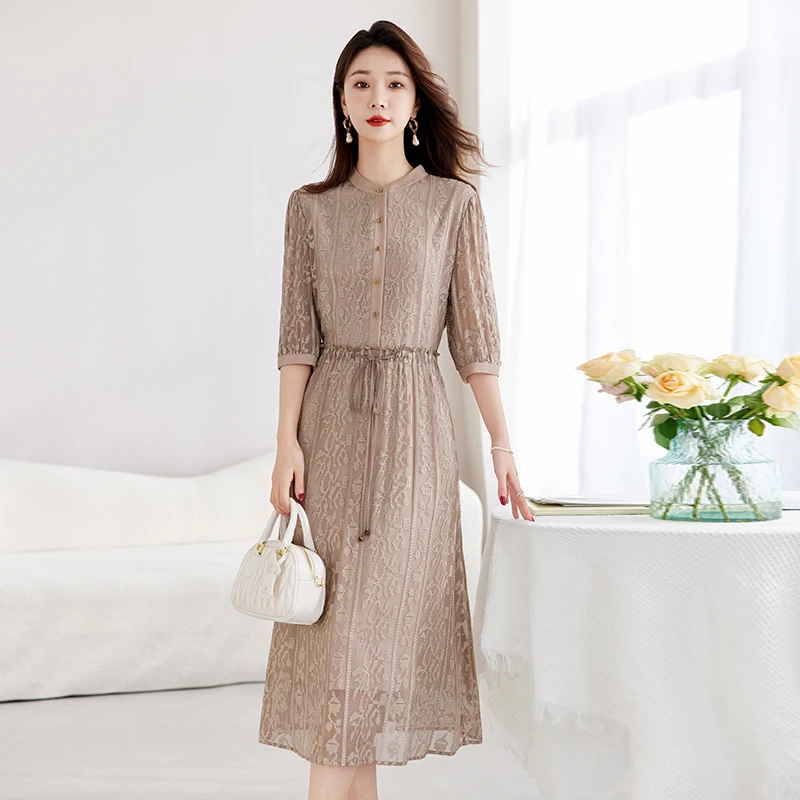 重磅优雅真丝刺绣连衣裙女简约衬衫式立领减龄妈妈收腰显瘦桑蚕丝