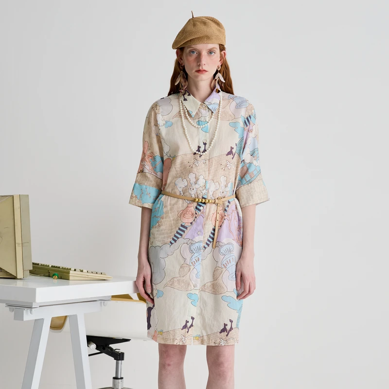 谜底衬衫裙分袖女2025夏新品复古风度假印花宽松连衣裙252ML0631