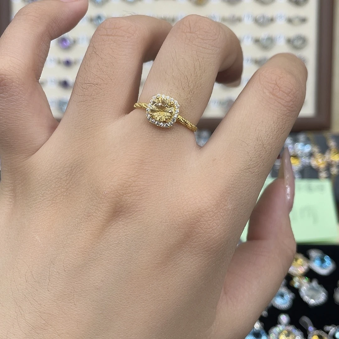 黄晶戒指银S925镀金镶嵌