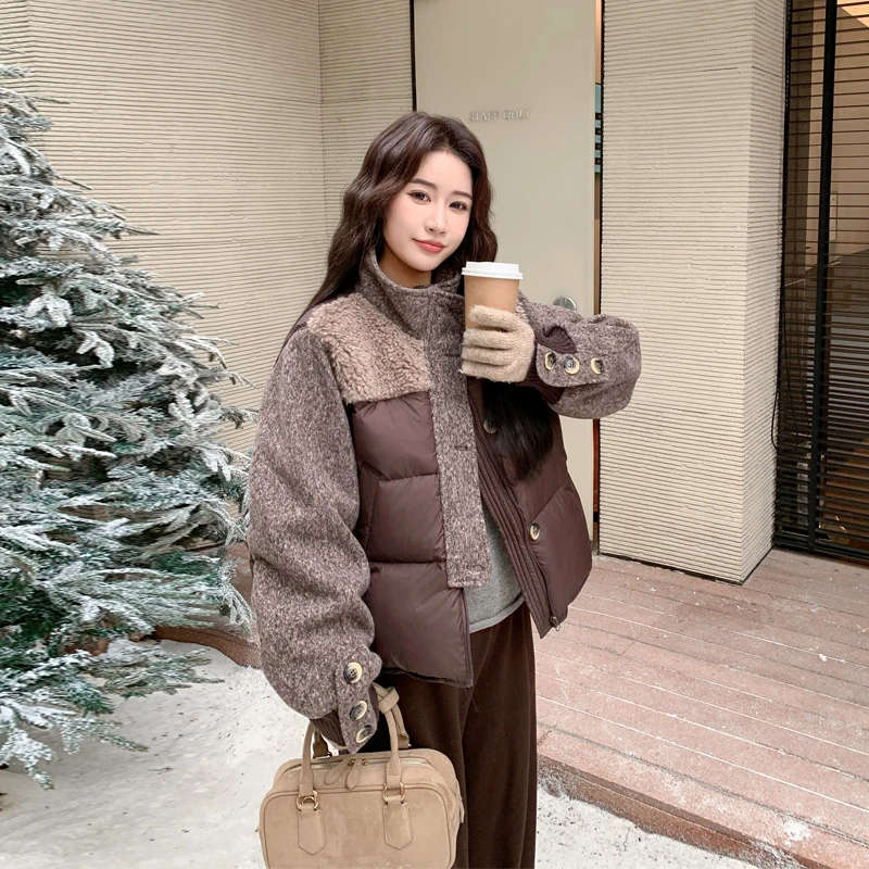 美拉德咖色撞色拼接羽绒服2025冬季新款小众韩版ins风百搭面包服