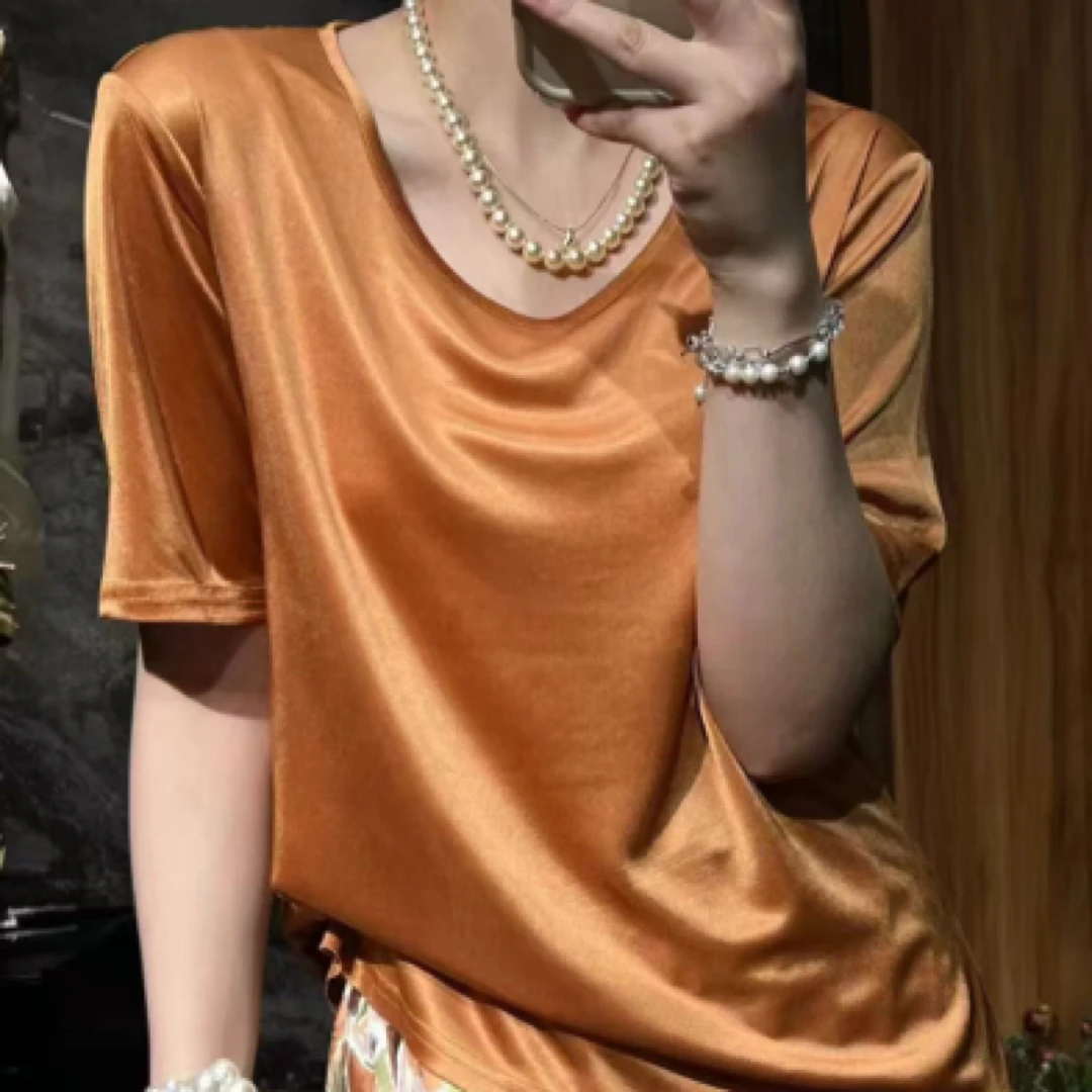 新款后背拼接蕾丝冰凉醋酸T恤8305
