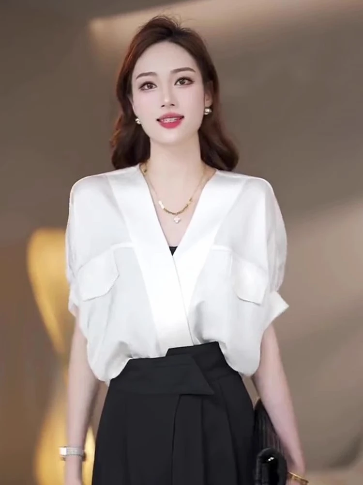 【两件套】女高级感洋气2025新款夏季V领短袖雪纺衫上衣套装D1645