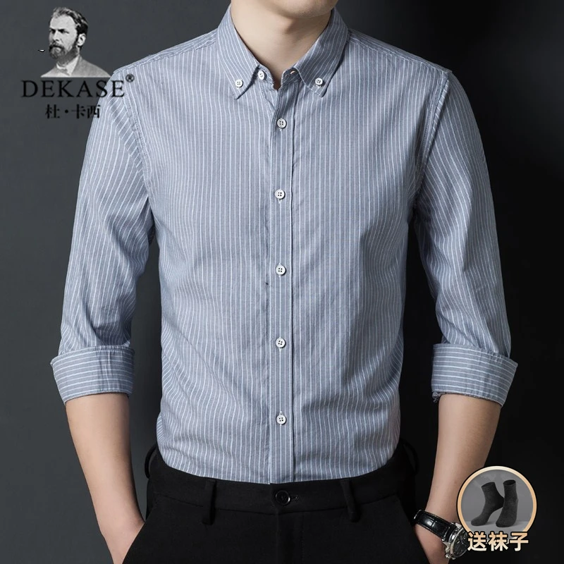 Dekase 春秋季男士衬衫长袖休闲宽松条纹衬衣纯棉商务免烫简约男