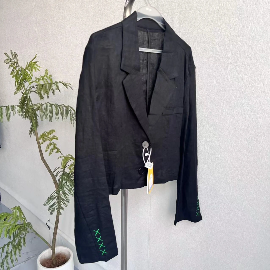 长袖轻奢短款女春季百搭亚麻西装纯色B19-11