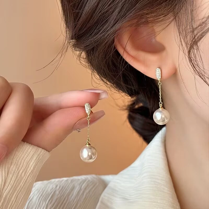 合金耳饰 925银针耳钉长款耳线原创设计耳环简约法式欧若假日风