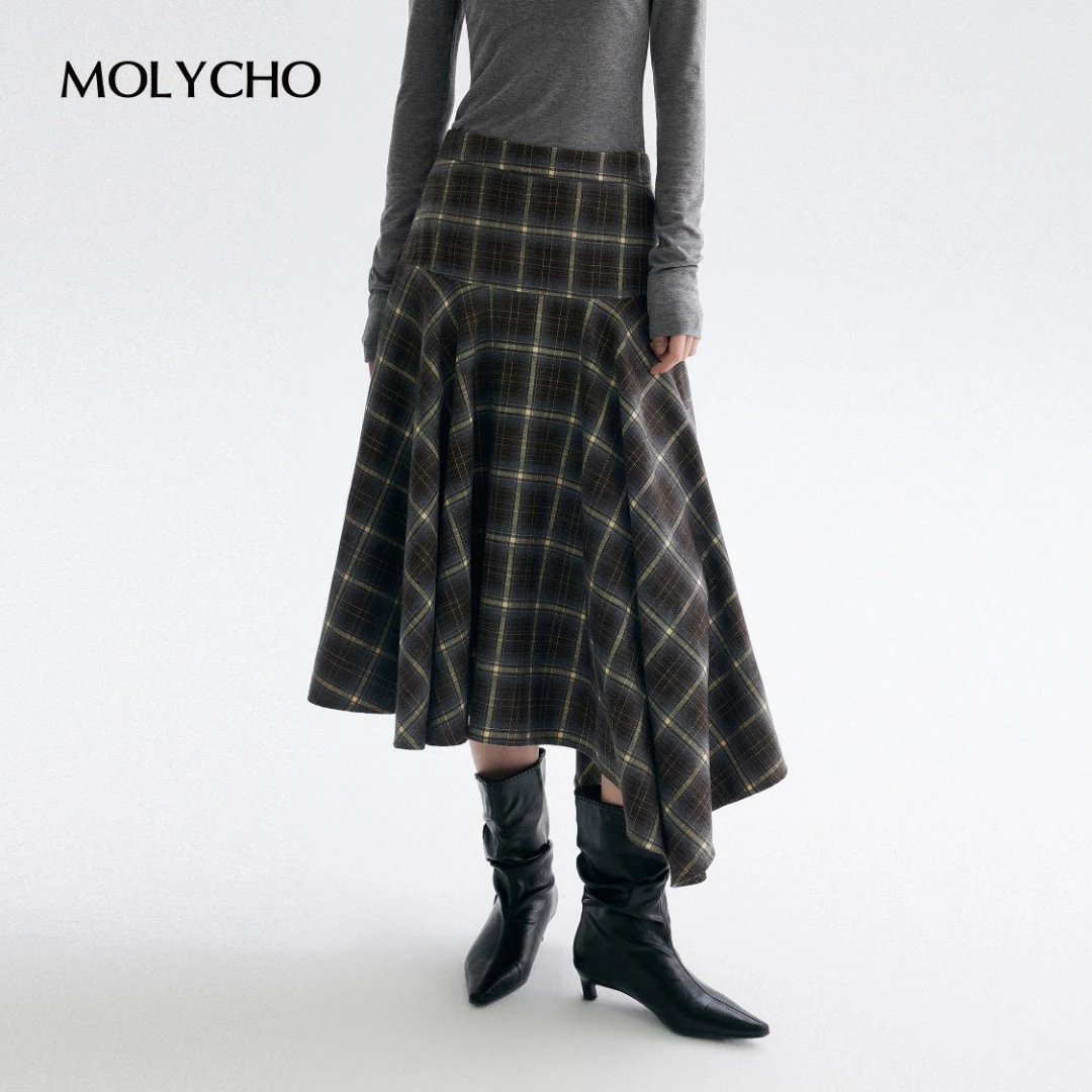 MOLYCHO  | 复古文艺/不规则格纹半身裙女/高腰撞色a字格子半裙秋