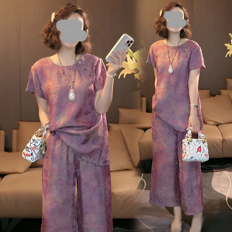 时尚套装女2025夏季新款洋气显瘦设计感短袖上衣高腰阔腿裤两件套