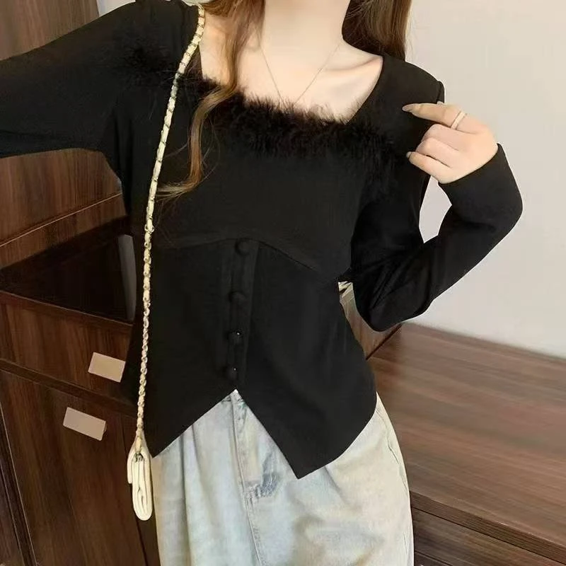 设计感毛毛边方领长袖打底衫女秋冬新款遮肚显瘦百搭上衣