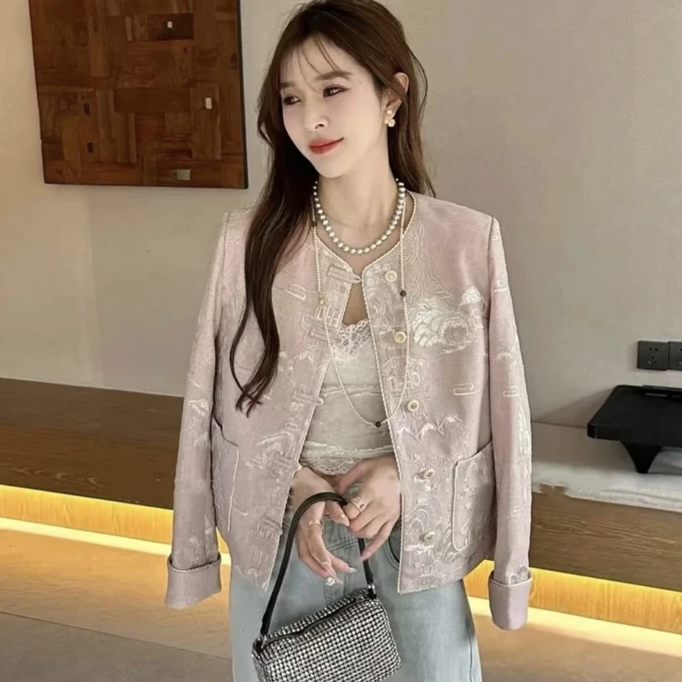 曦娅定制新中式重工【轻奢刺绣圆领盘扣上衣】小香风气质新款短外套