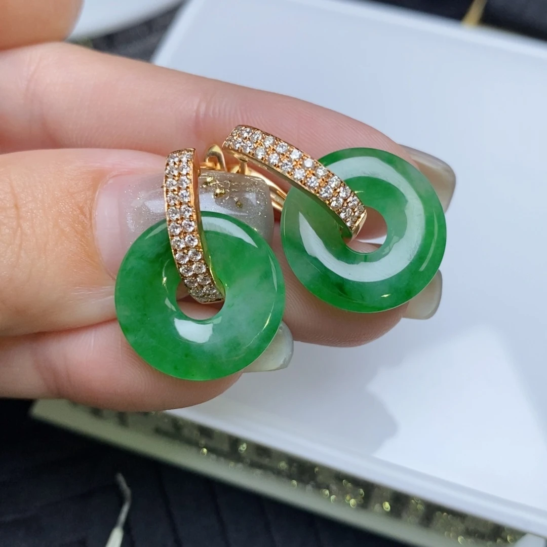 翡翠18K金镶嵌耳饰甜甜圈