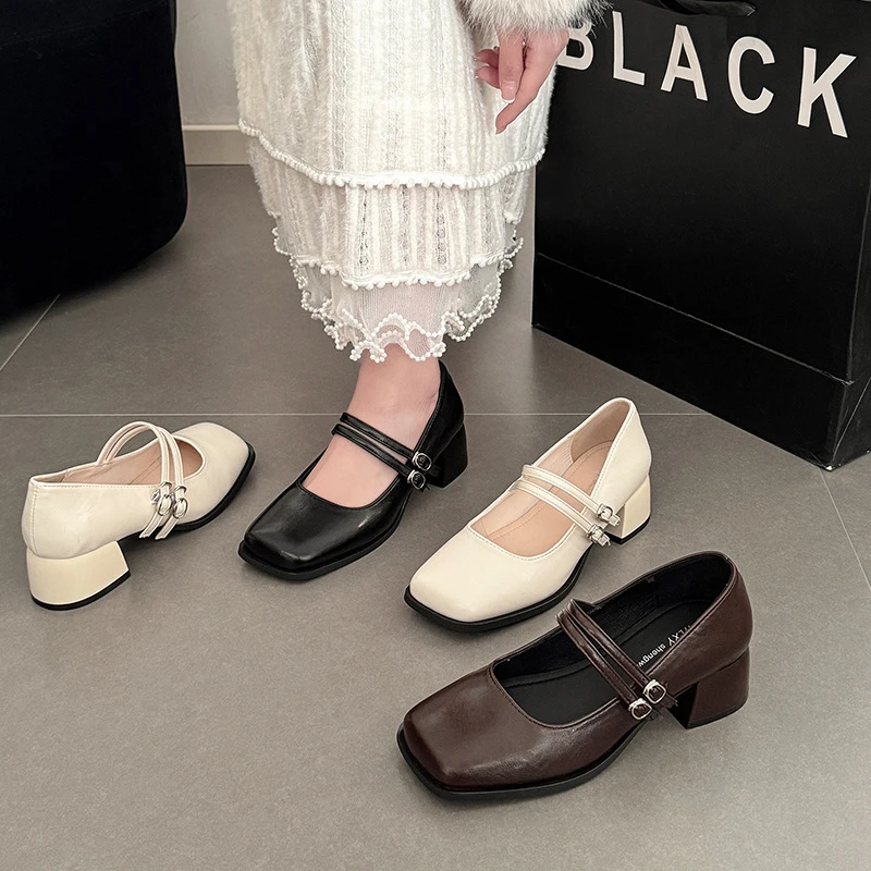 TAFN法式晚晚风方头配裙单鞋女2025春季新款中跟气质仙女百搭玛丽