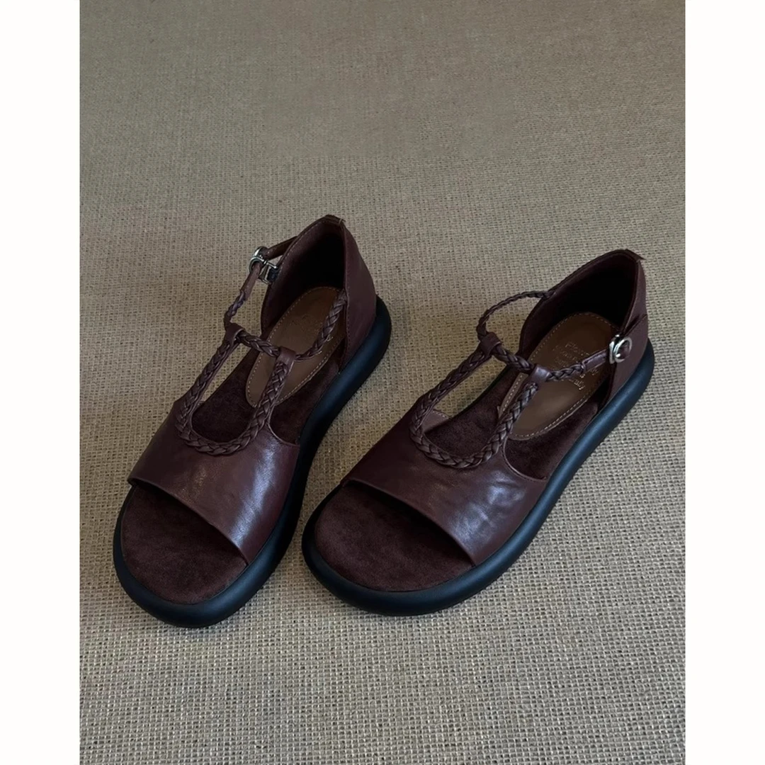 羊皮版~法式复古圆头露趾凉鞋女2025新款百搭休闲舒适厚底罗马鞋