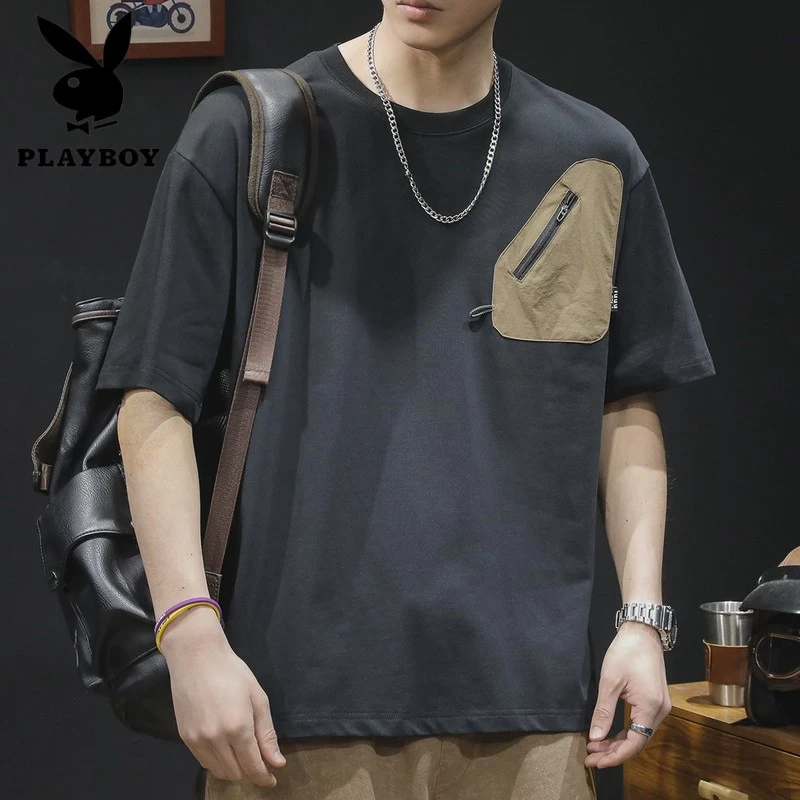 花花公子潮牌口袋短袖t恤男士衣服夏季2025新款半袖大码美式重磅