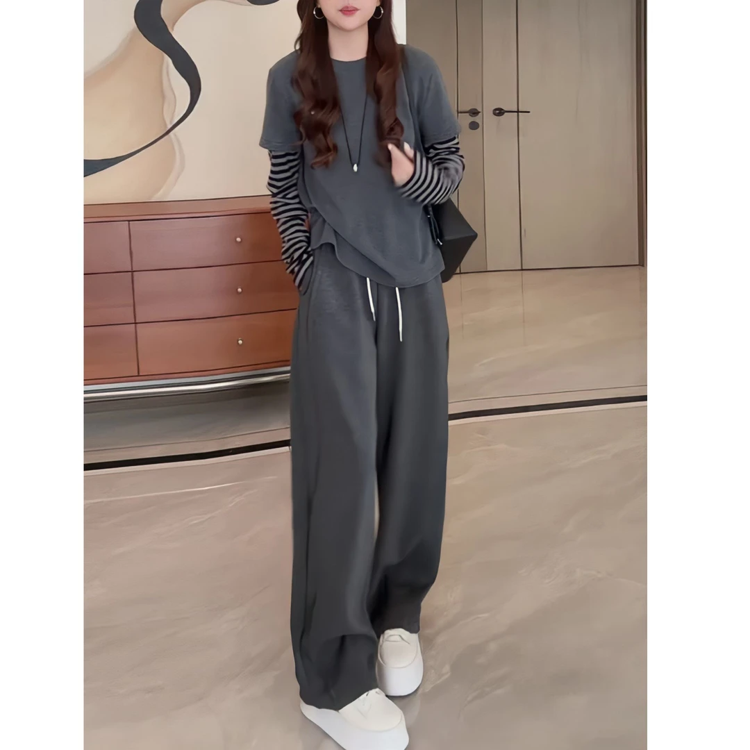 欧货休闲运动套装女春秋2025新款时尚洋气设计感假两件上衣两件套