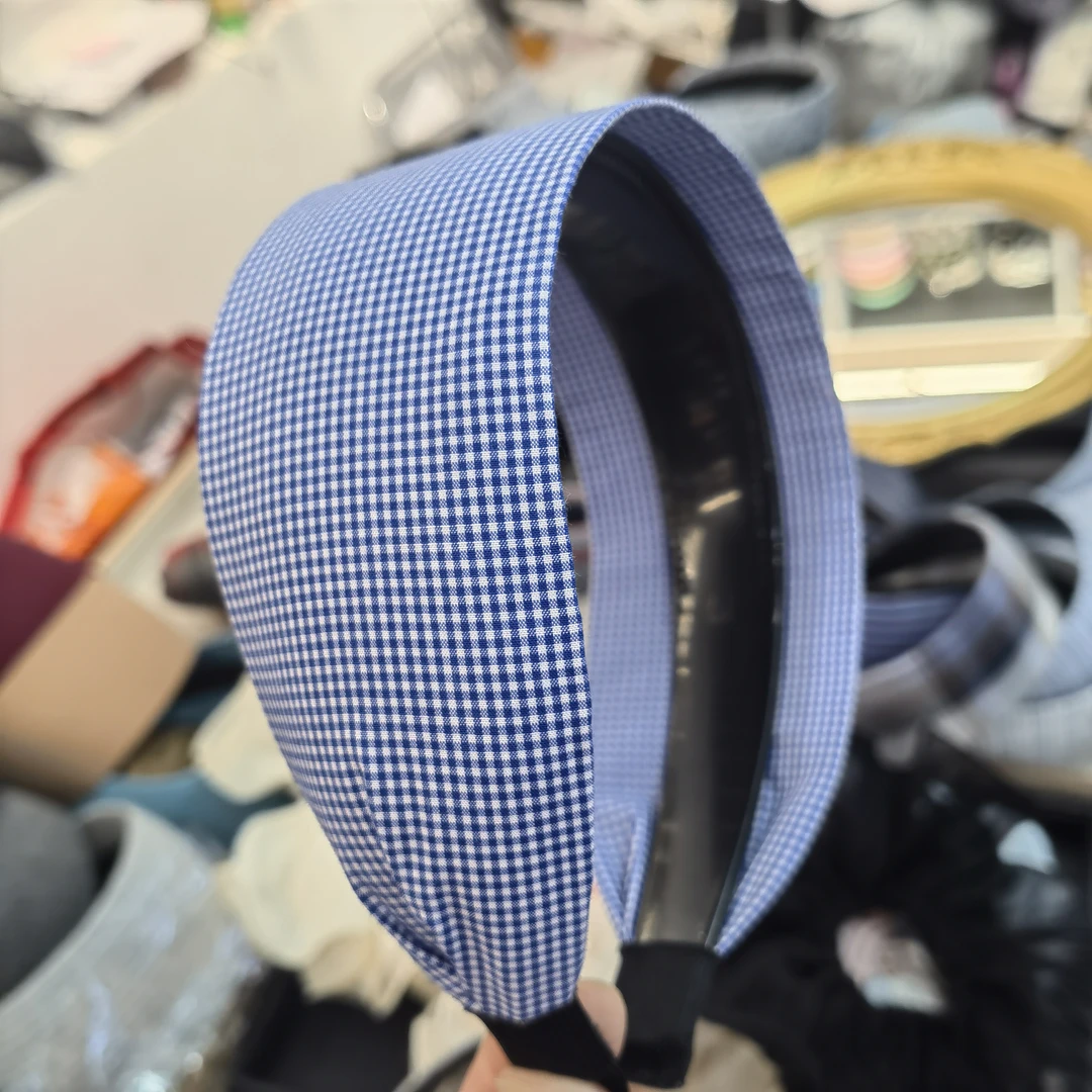 F048蓝色小格子宽面发箍