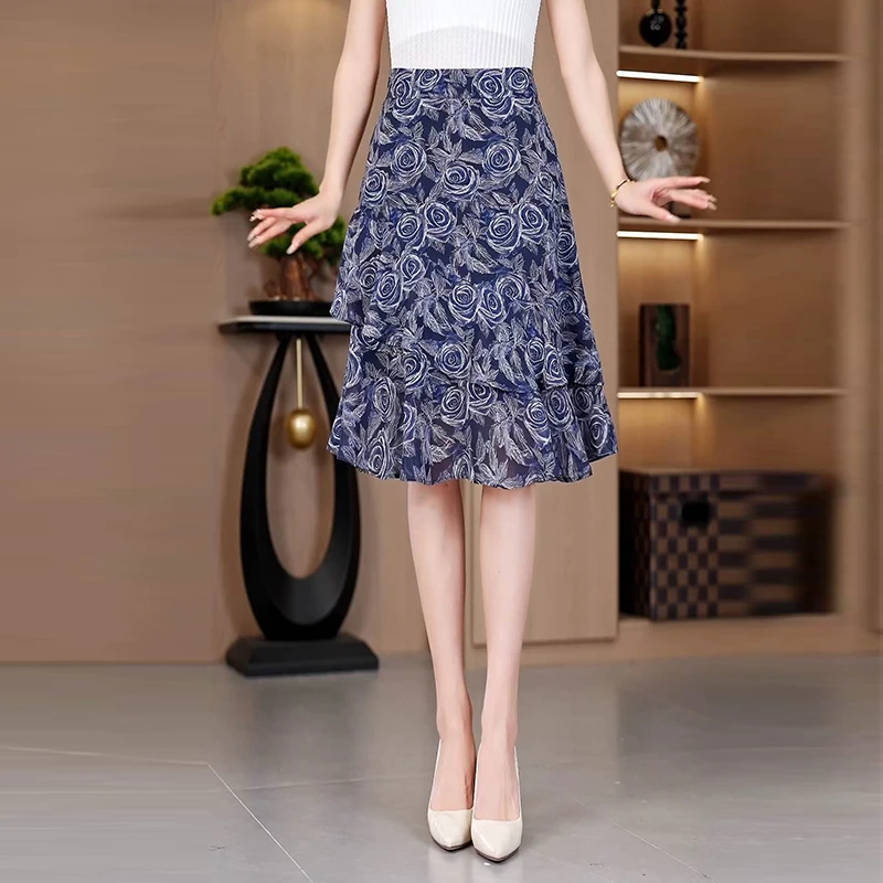 7-16印花雪纺半身裙垂感荷叶边裙气质高腰显瘦长裙夏不规则a字裙