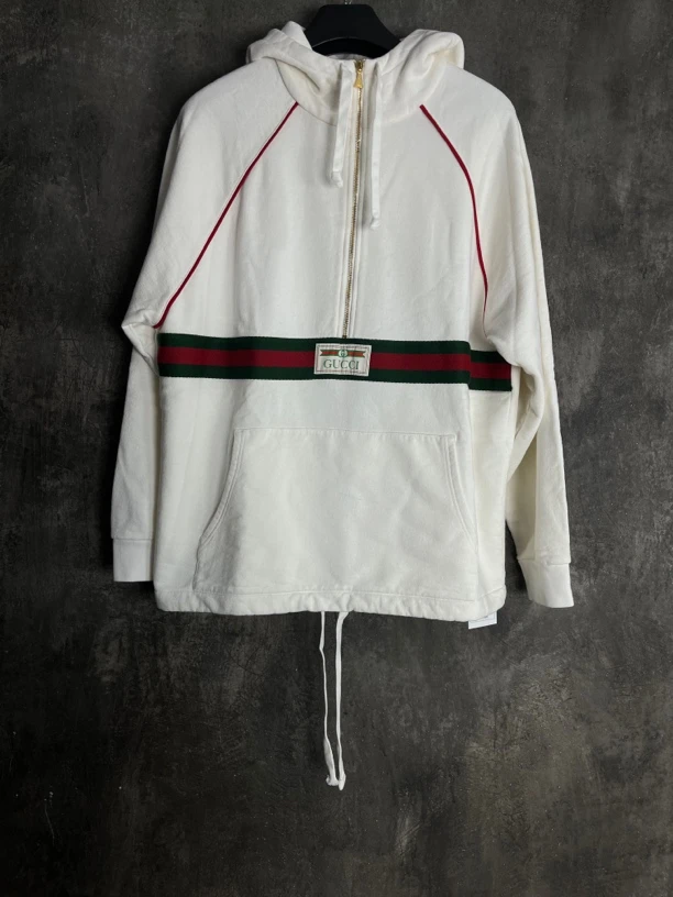 全新未使用 GUCCI/古驰 M码*1/白色条纹logo连帽卫衣/01074