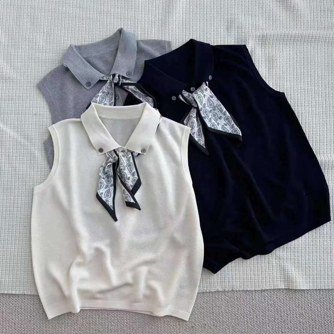100莱赛尔天丝设计感韩版时尚翻领2025夏季新款丝巾针织无袖上衣