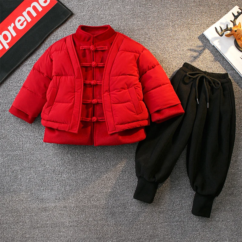 男童汉服冬装红色喜庆加厚拜年服宝宝周岁礼服儿童中国风唐装套装