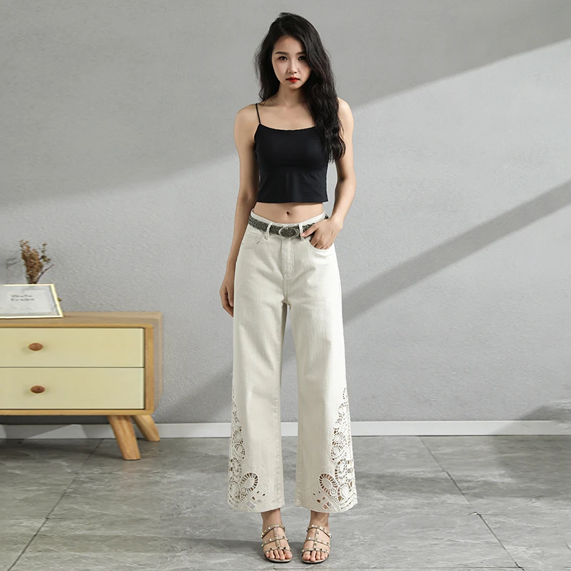 【安哥】夏季国风镂空刺绣显瘦高腰杏色欧若风九分洋气白色阔腿8944