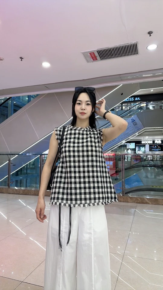 F H夏季复古时尚宽松黑白格子衬衫显瘦洋气休闲百搭气质上衣