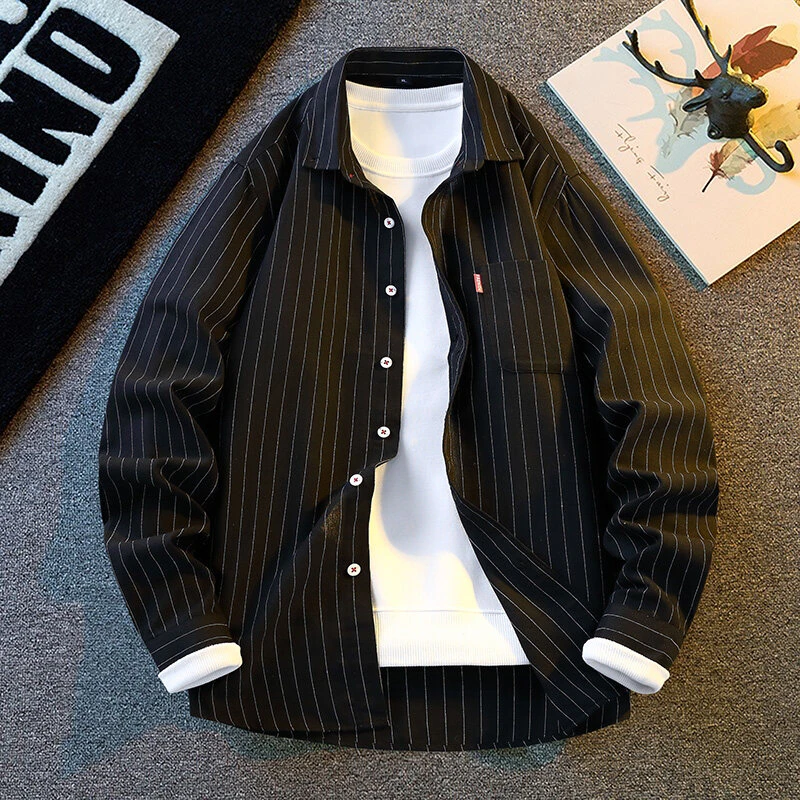 2025春秋季新款长袖衬衫男士潮流修身韩版百搭条纹衬衣休闲寸衫男