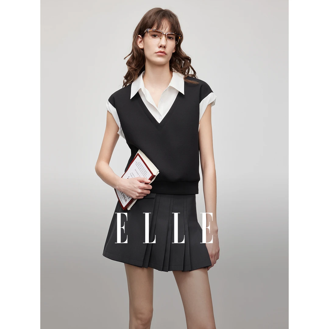 ELLE学院风设计感假两件短袖t恤女2025夏新款优雅时尚上衣ET51079