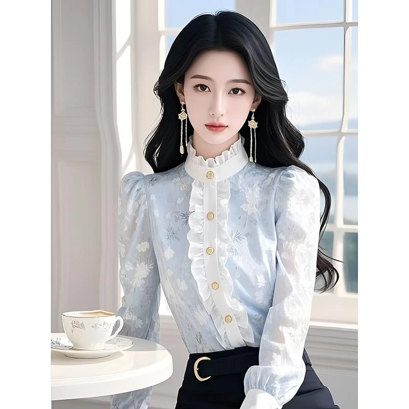2025新款爆款独特超好看衬衣高级感蓝色印花木耳边雪纺衬衫女秋春