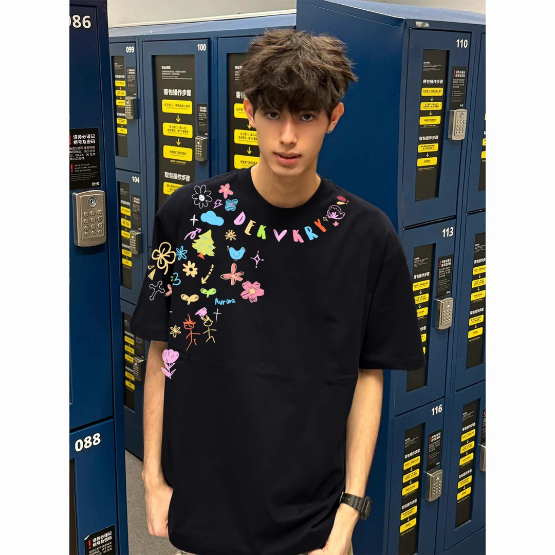 100%纯棉美式趣味涂鸦字母印花短袖T恤男女夏季休闲宽松情侣上衣