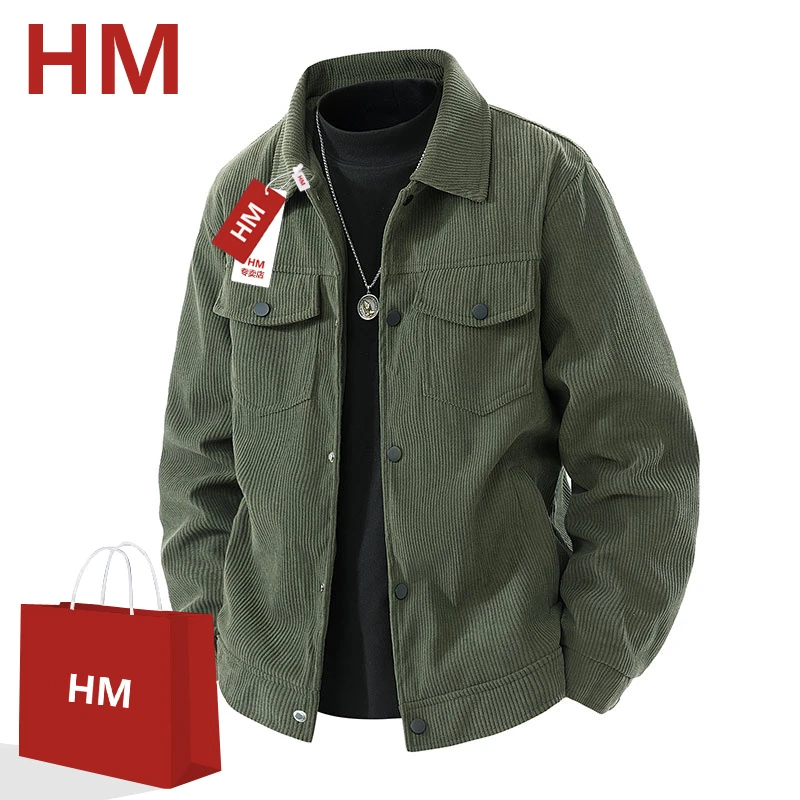 HM外套男春秋翻领工装日常百搭潮牌上衣休闲宽松灯芯绒情侣款夹克