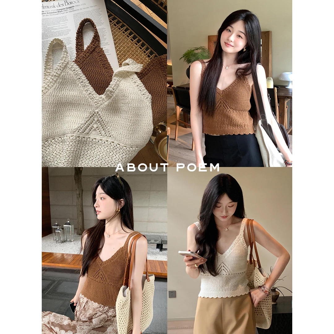 夏诗文 亚麻棉纱提花针织吊带女夏V领短款内搭背心