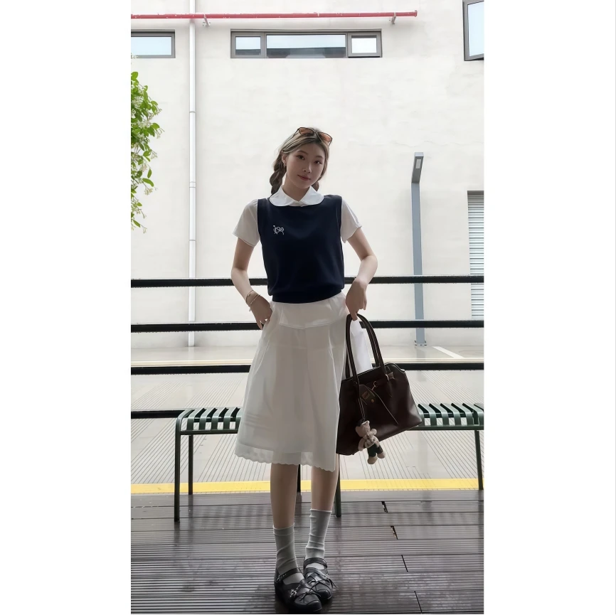 2025年法式气质韩系小众休闲套装女夏季马甲背心短袖半身裙套装女