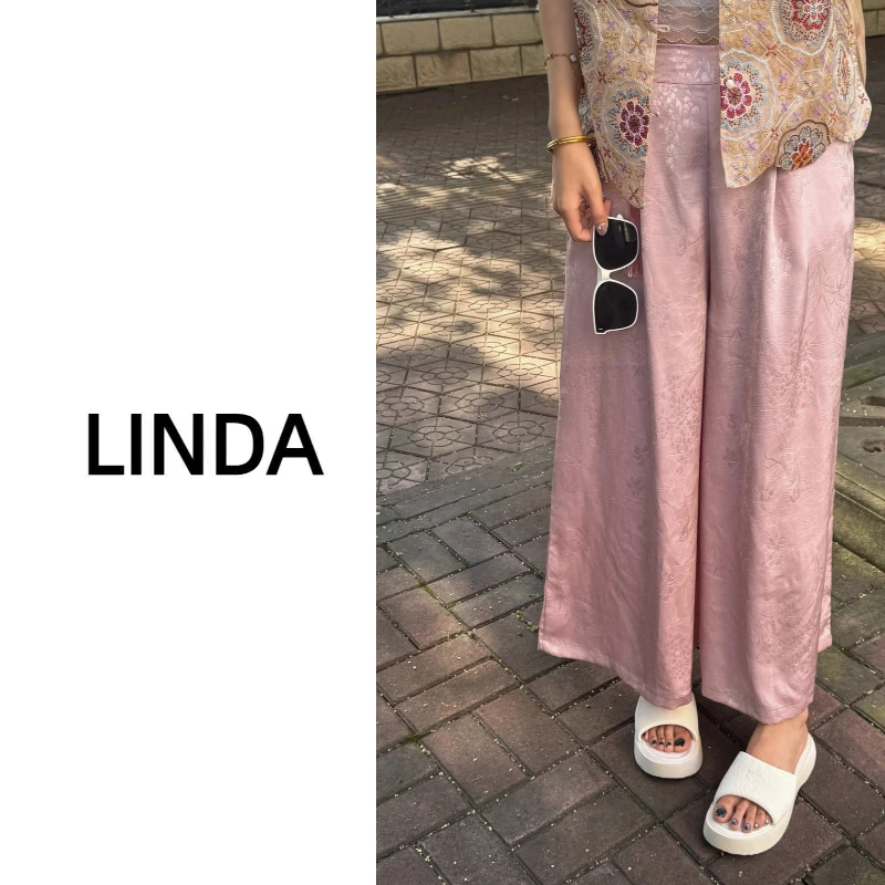 初晴3821醋酸提花裤春秋显瘦阔腿休闲高腰复古复古中长款