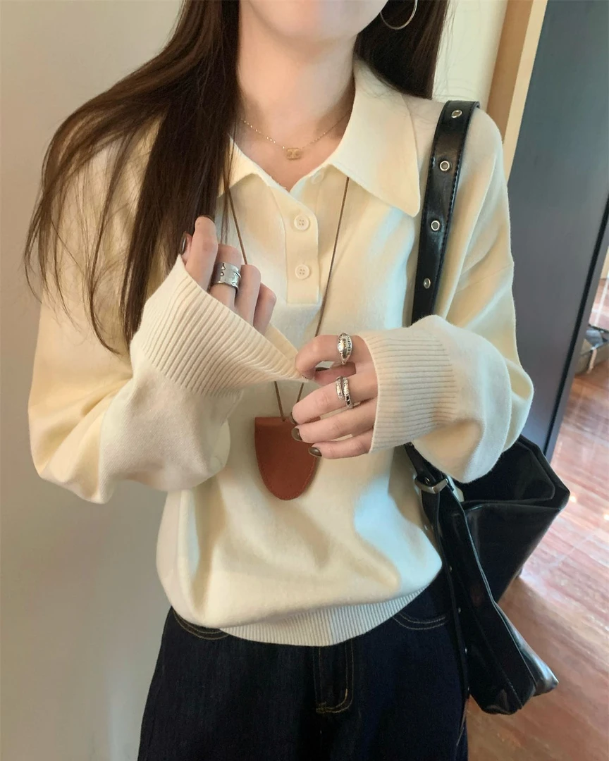 【现货】2024秋冬韩版慵懒风法式Polo领时尚百搭套头设计感毛针织衣