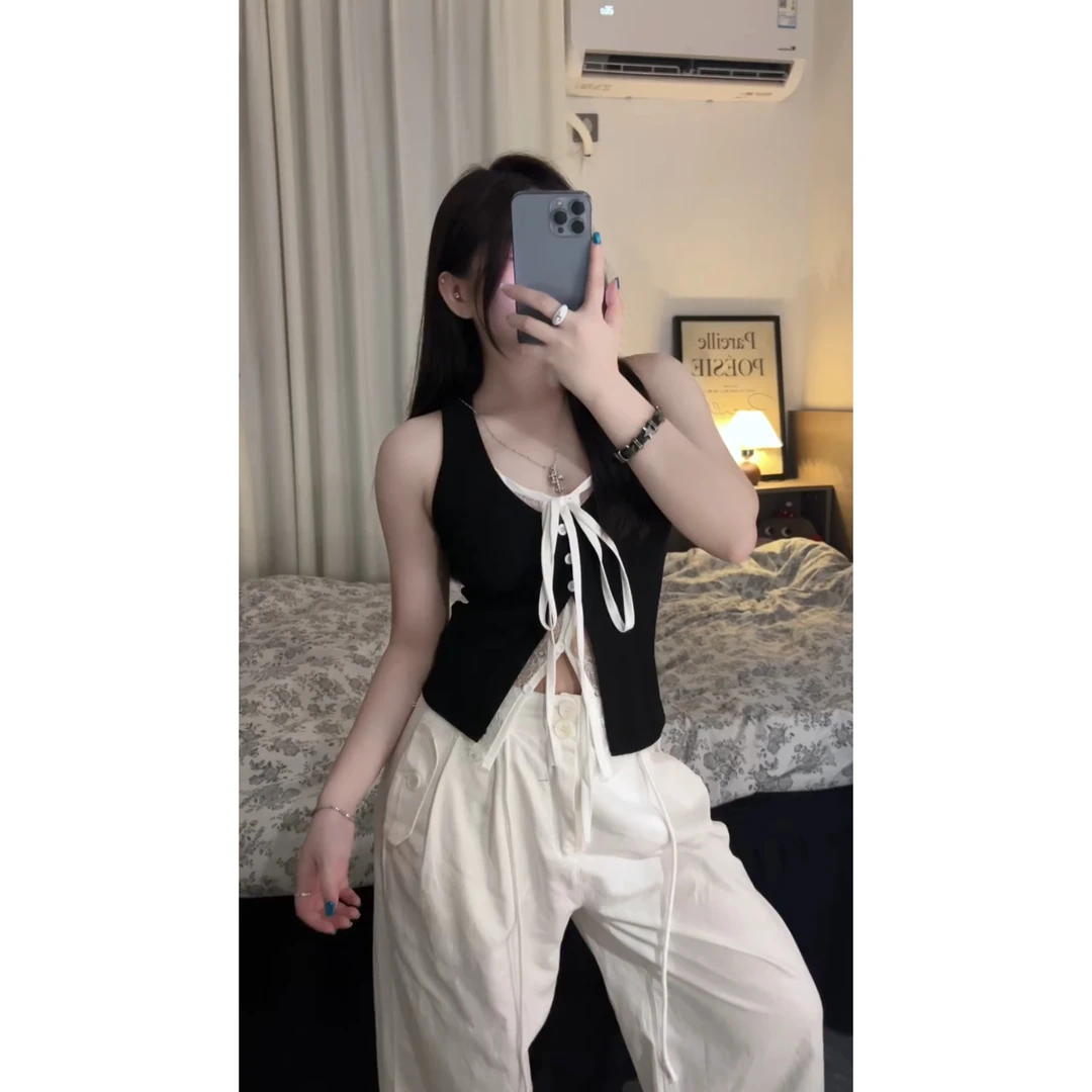 黑色蕾丝显瘦假两件吊带背心无袖女夏季辣妹设计感修身短款上衣