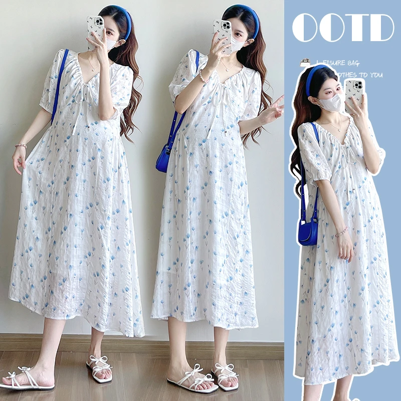 2025夏季气质小清新碎花中长孕妇连衣裙领口抽绳调节宽松大码显瘦