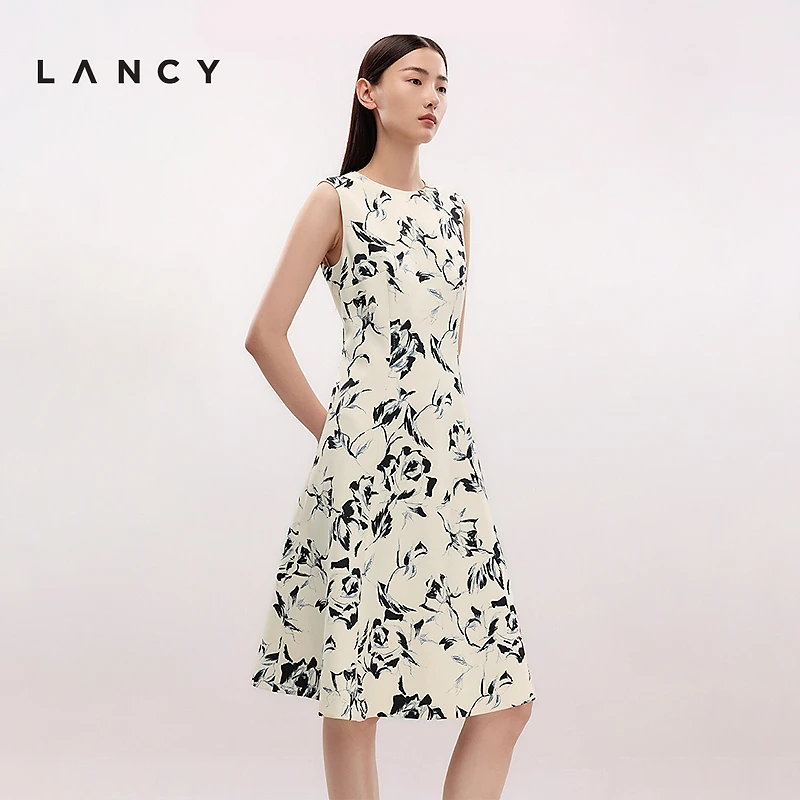LANCY/朗姿2025夏季新款水墨国风印花无袖收腰A字中长高端连衣裙