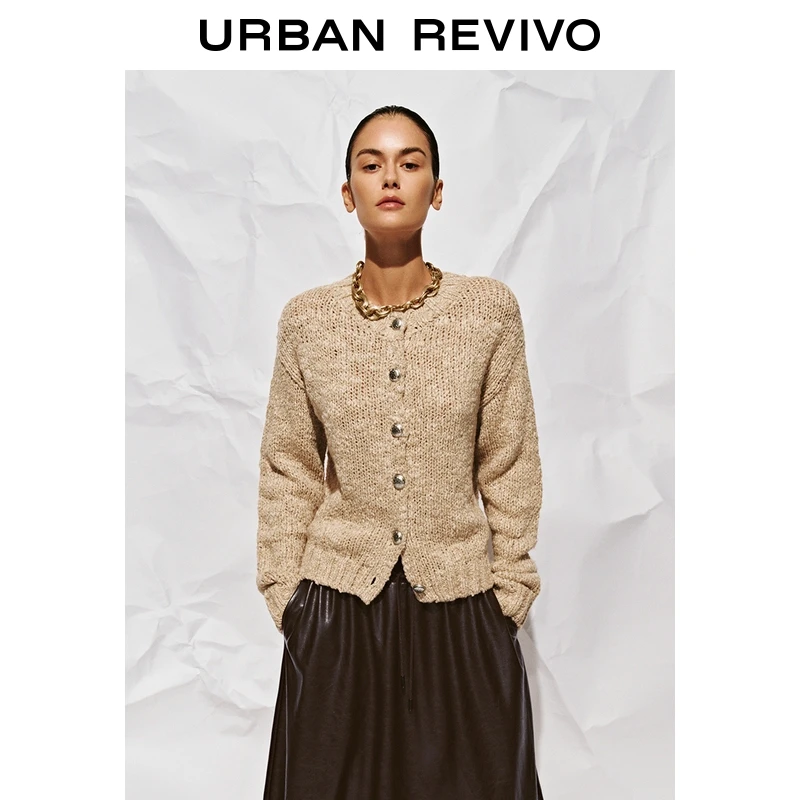 UR2025秋季新款女琥珀流光风休闲纽扣混色针织开衫UWH950105