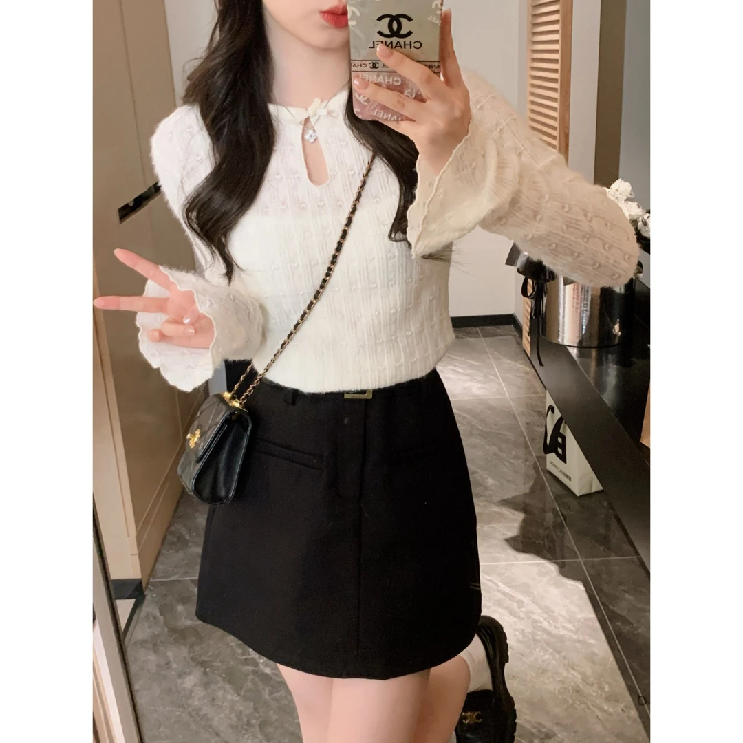 小奶盖 洋气百搭小众甜美蝴蝶结加厚磨毛蕾丝上衣