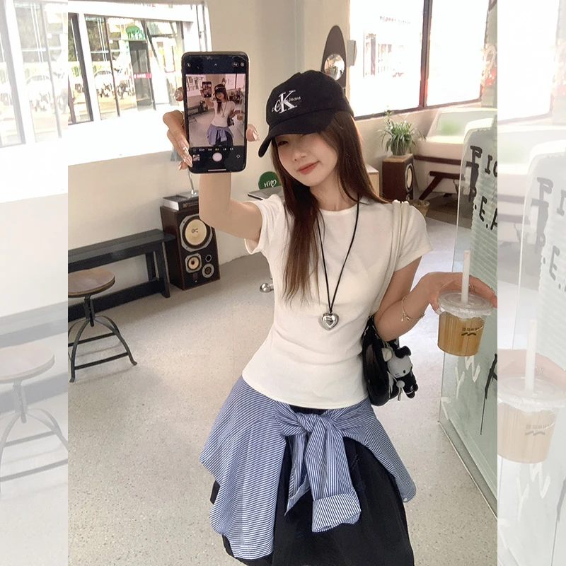 韩系白色收腰短袖t恤女夏季2025年新款圆领修身正肩内搭短款上衣