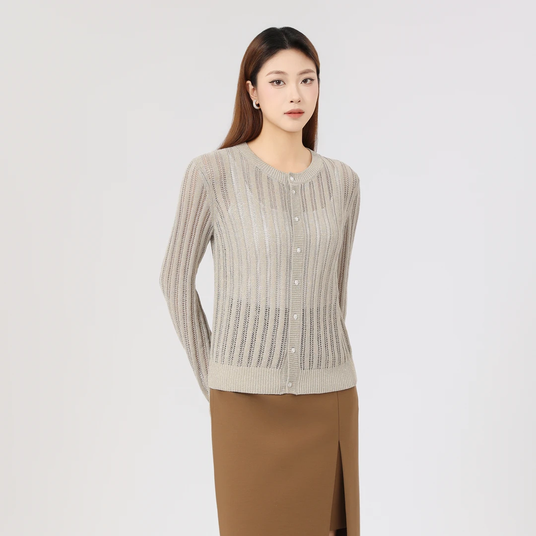 GIRDEAR/哥弟新款针织长袖上衣时尚镂空设计款圆领开衫外套148015