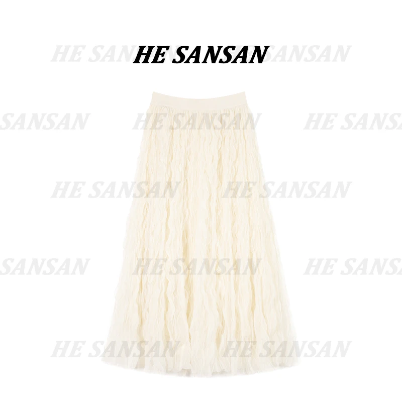 【SANSAN】高腰显瘦气质黑色百搭百褶网纱半身裙DY-90163