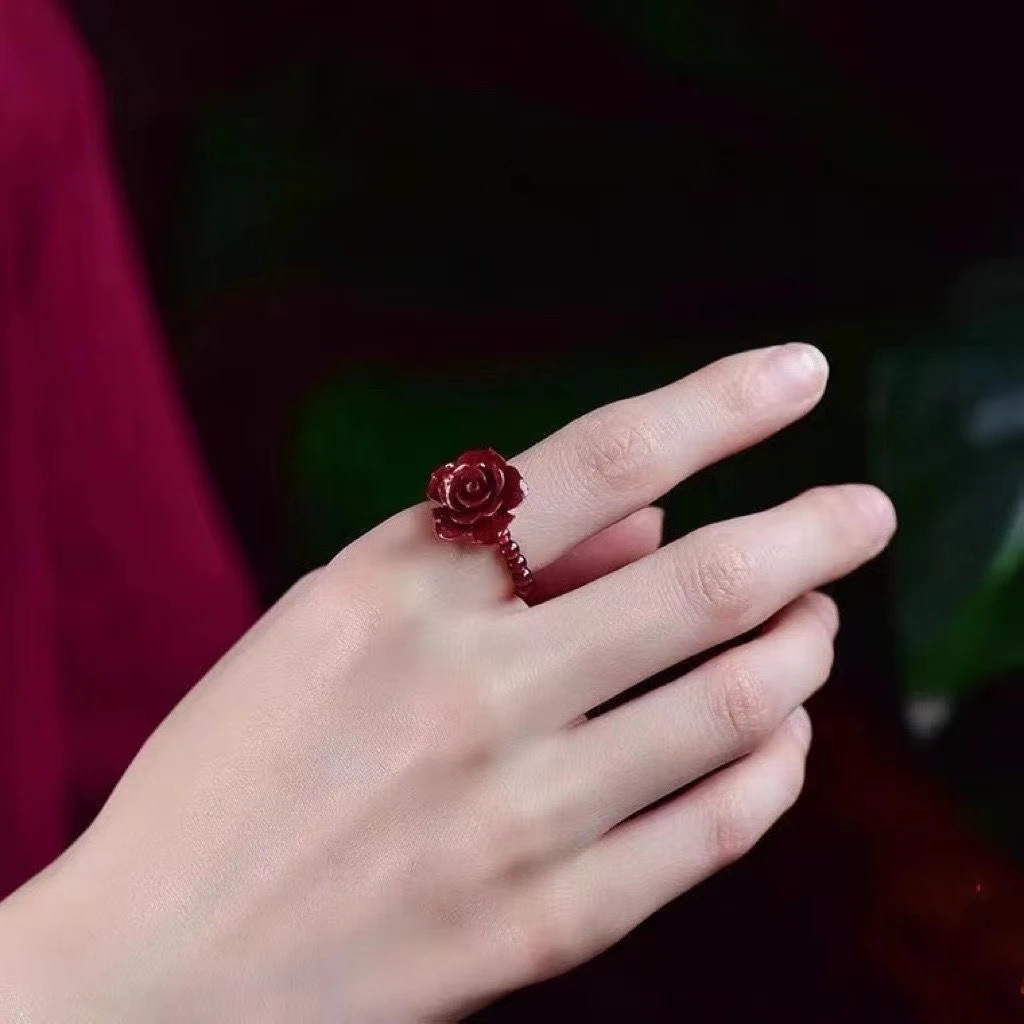 天然辰砂高含量紫金砂戒指女款时尚百搭富贵花开戒圈指环