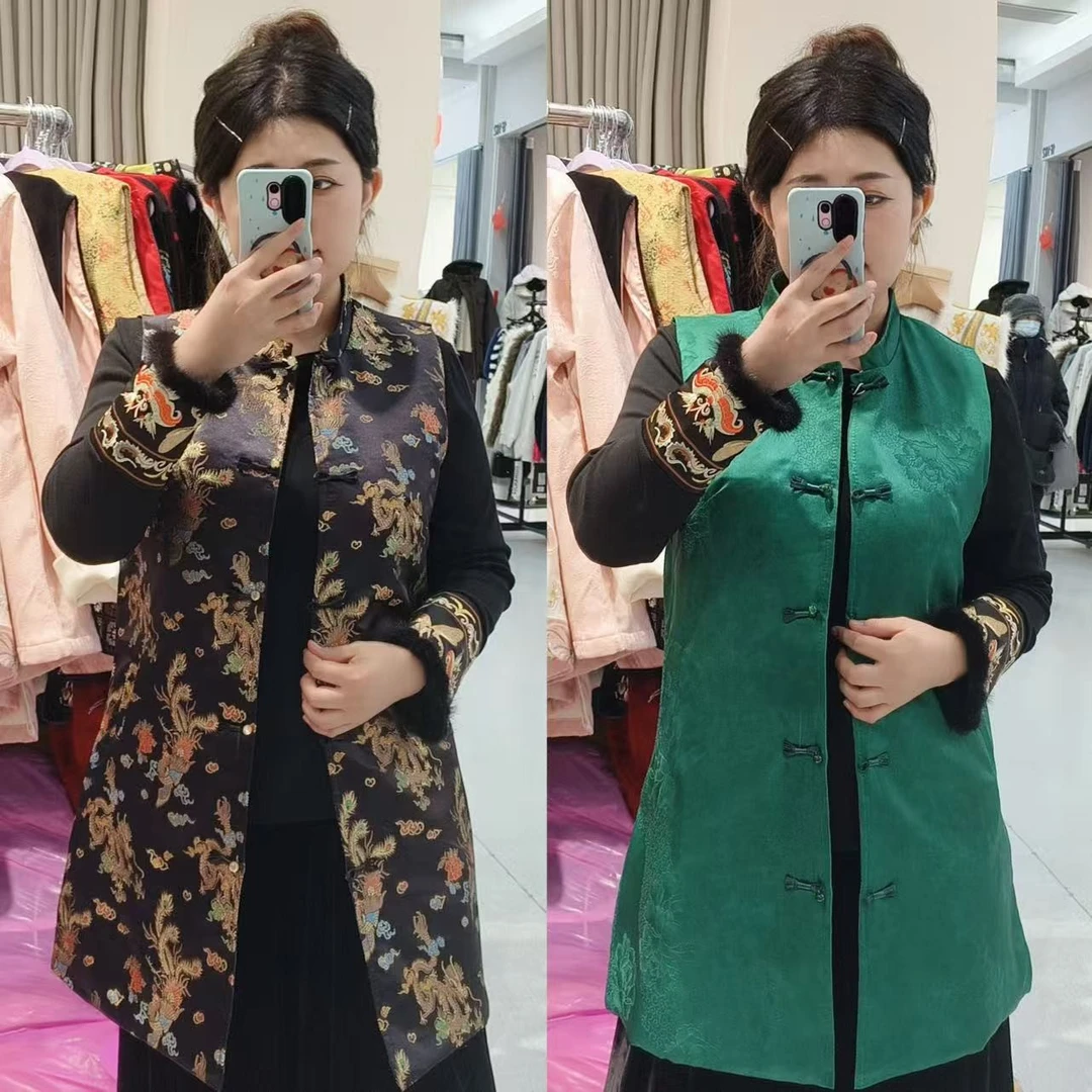 上新价~深圳92184龙凤呈祥加棉中长马甲新中式富贵提花棉马夹坎肩