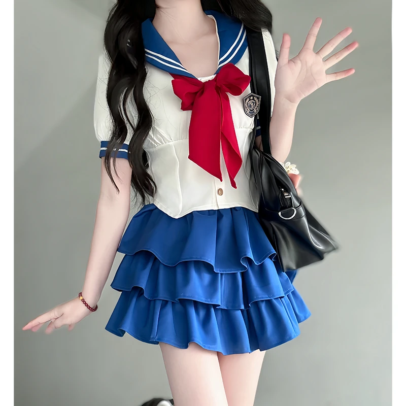 布丁熊原创JK制服海军领甜美学院风短袖女夏收腰套装水手服蛋糕裙