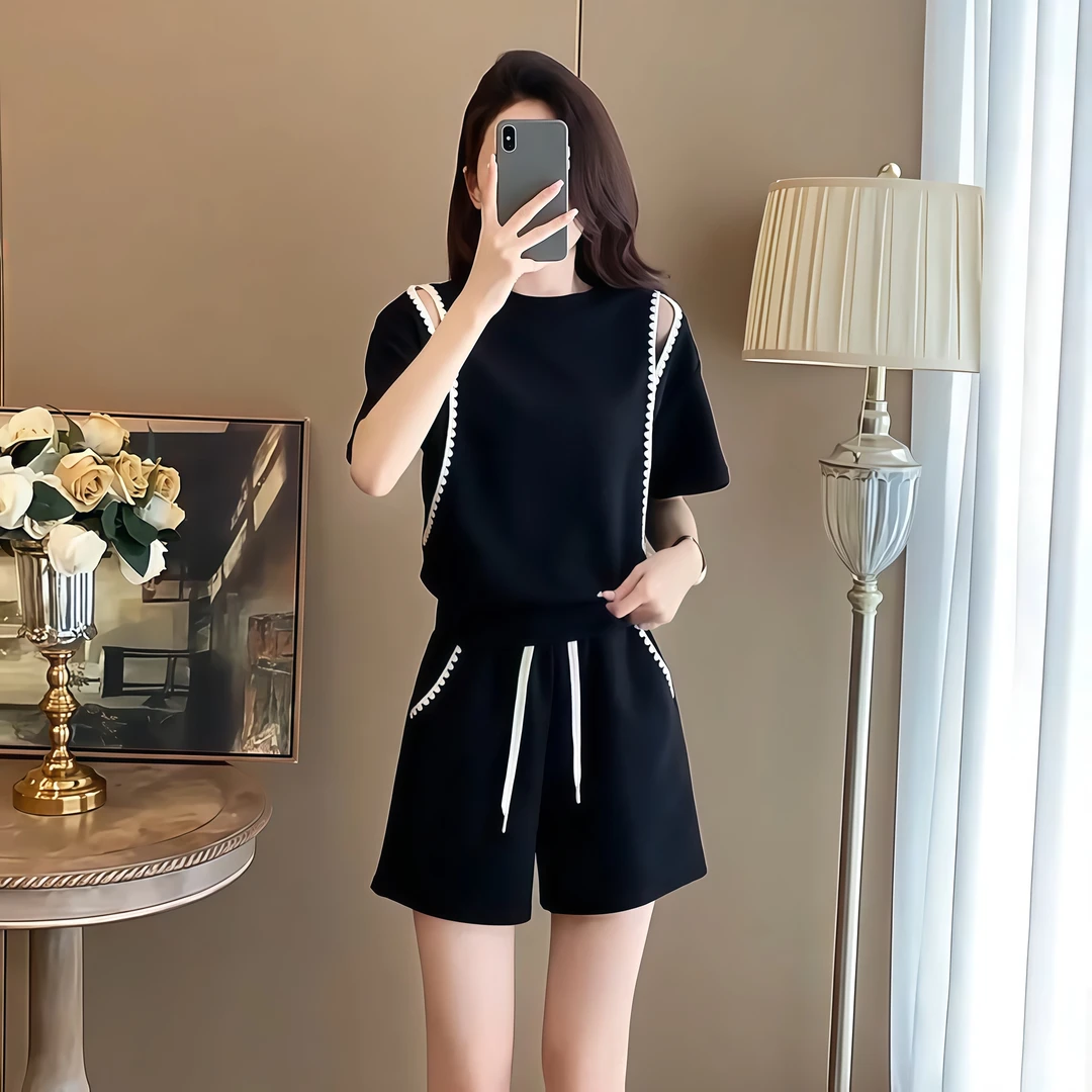 洋气花边领露肩小个子套装女时尚短袖短裤显瘦两件套2025夏季新款