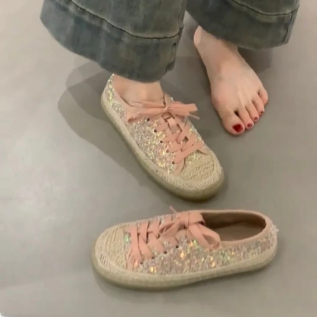 MKK-6235-1温柔仙女亮片渔夫鞋2025法式小香风气质草编绑带乐福鞋