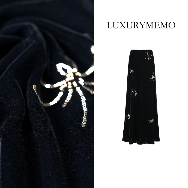 LUXURYMEMO【刘熊熊】璀璨烟花裙子秋冬款半身裙法绣亮片丝绒长半裙